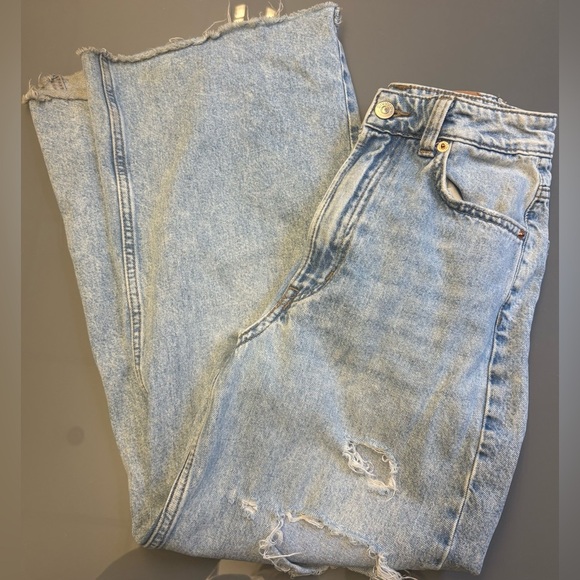 H&M Lightwash High Rise Cropped Wide Leg Distressed Cotton Jeans women's size XS - Picture 1 of 10